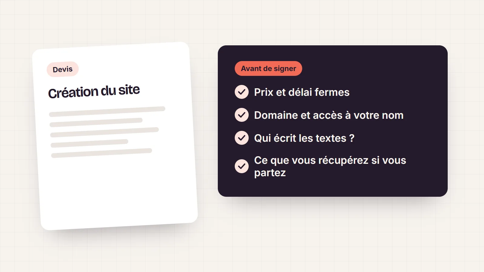 Un devis d’agence web posé à côté d’une liste de questions cochées : prix ferme, domaine à votre nom, qui écrit les textes
