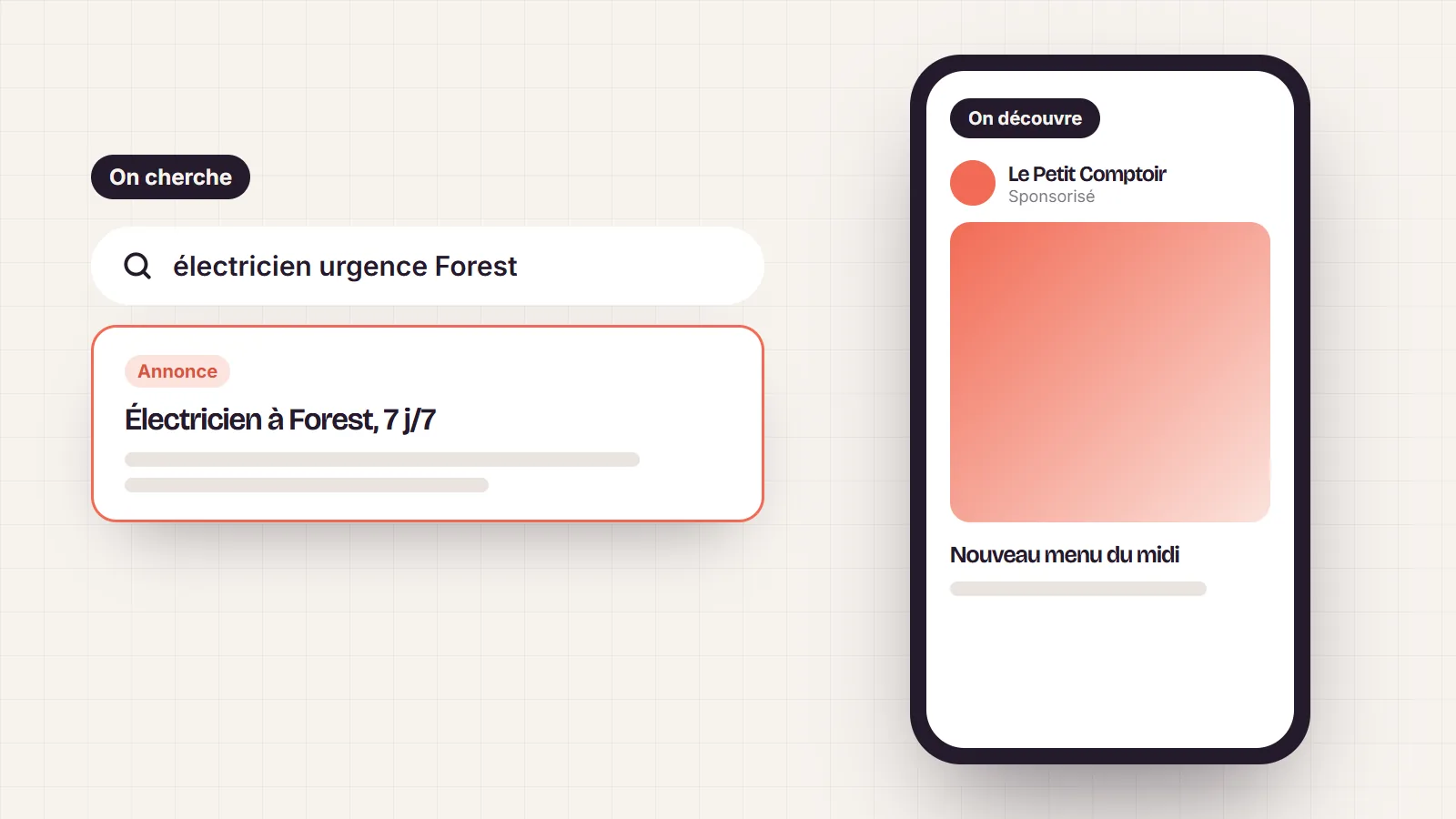 À gauche, une recherche Google « électricien urgence Forest » avec une annonce ; à droite, une publication sponsorisée dans un fil Instagram