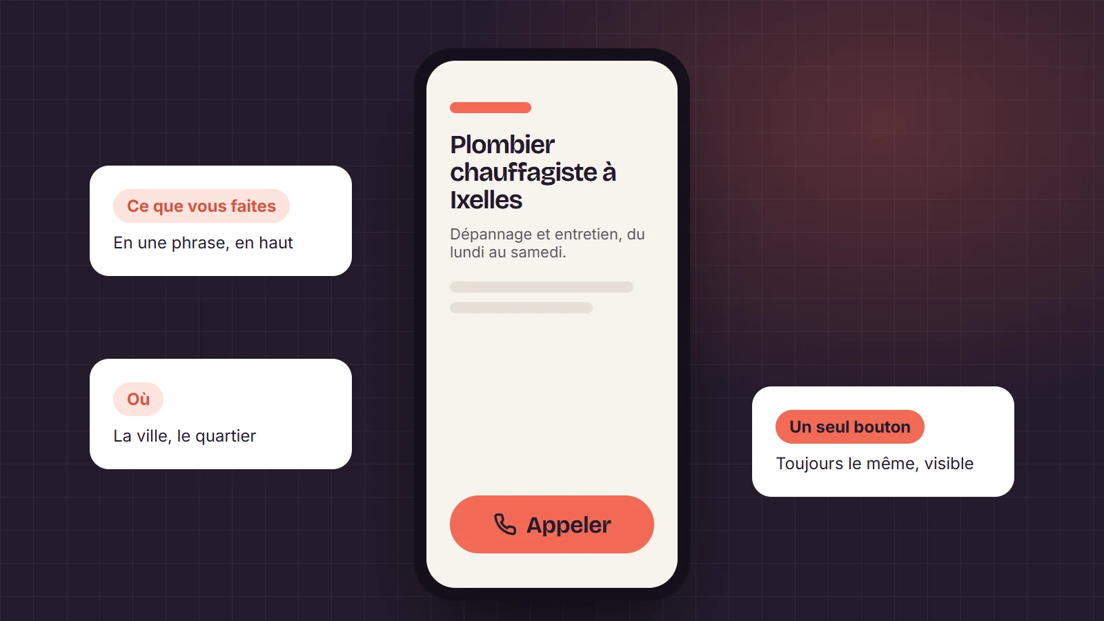 Un site affiché sur téléphone : ce que fait l’entreprise en une phrase, la ville, et un seul bouton Appeler bien visible